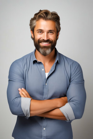 Man with beard and blue shirt is smiling. Generative AI.の素材