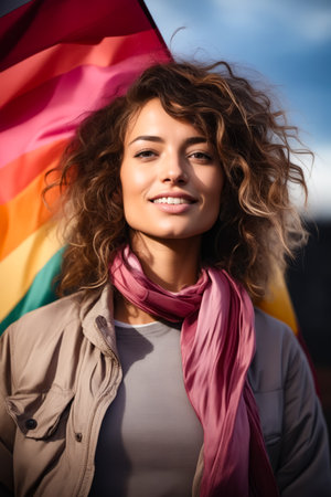 Woman with pink scarf around her neck and rainbow flag behind her. Generative AI.の素材