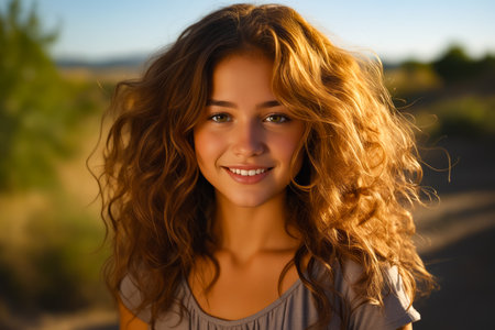Woman with long hair smiling at the camera with blue sky in the background. Generative AI.の素材