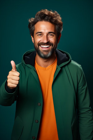 Man with beard giving thumbs up sign. Generative AI.の素材
