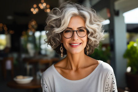Woman with glasses smiling at the camera with white shirt. Generative AI.の素材