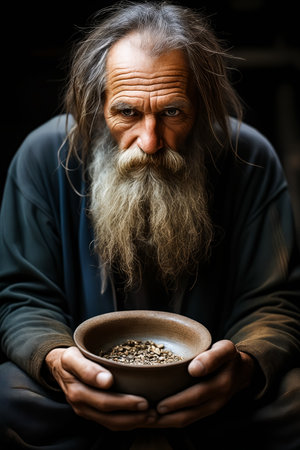 Man with long beard holding bowl of food. Generative AI.の素材