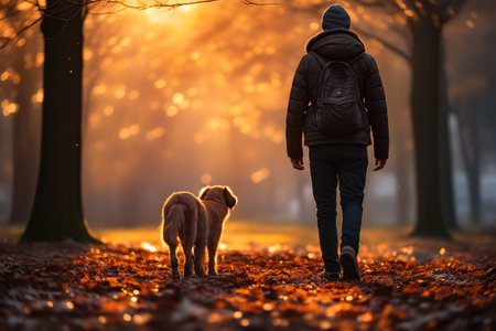 Man walking with dog in park at sunset. Generative AI.の素材