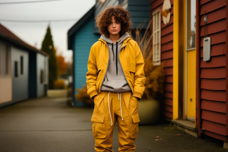 Man standing in front of house wearing yellow jacket. Generative AI.の素材
