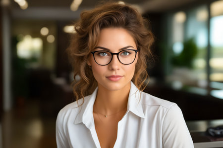 Woman wearing glasses and white shirt is posing for picture. Generative AI.の素材