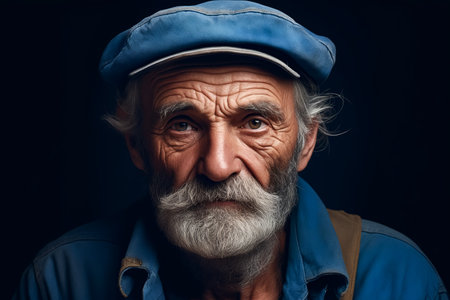 Man with blue hat and beard is looking at the camera. Generative AI.の素材