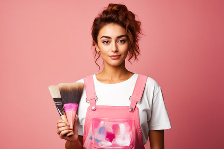 Woman holding pink brush and pink bag. Generative AI.の素材