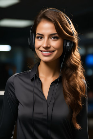 Woman wearing headphones and black shirt smiling. Generative AI.の素材