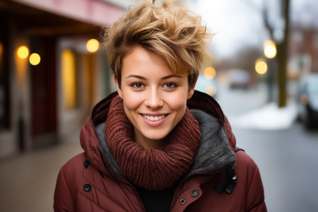 Woman with scarf around her neck smiling at the camera. Generative AI.の素材