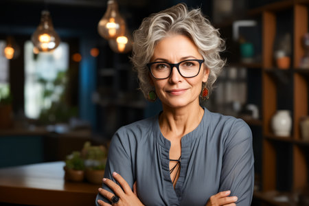 Woman with glasses is smiling for the camera with her arms crossed. Generative AI.の素材