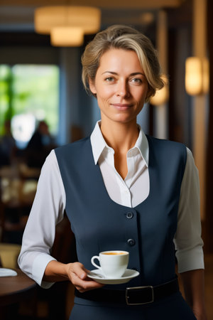 Woman holding cup of coffee in her hand. Generative AI.の素材
