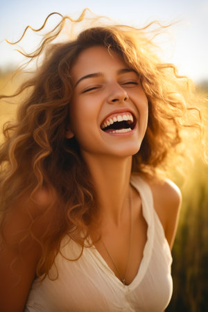 Woman with long hair laughing and wearing white shirt. Generative AI.の素材