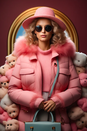 Woman in pink coat and hat with teddy bears. Generative AI.の素材