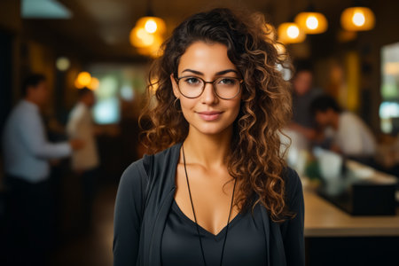Woman with glasses is smiling for the camera while standing in restaurant. Generative AI.の素材