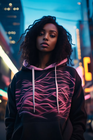 Woman with curly hair wearing black and pink hoodie. Generative AI.の素材