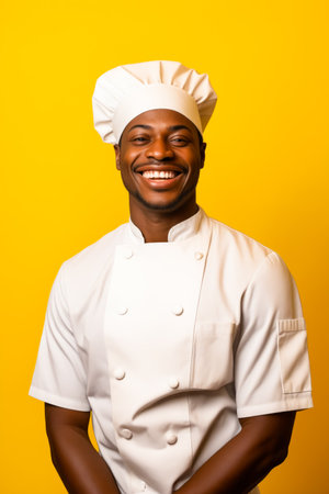 Man in chef's outfit smiling for picture. Generative AI.の素材