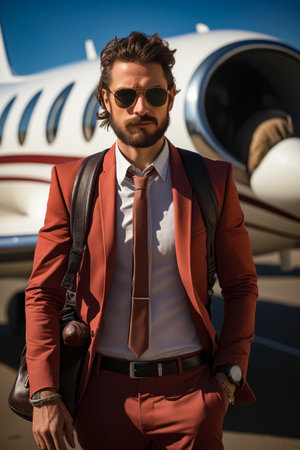 Man in suit and tie standing in front of plane. Generative AI.の素材