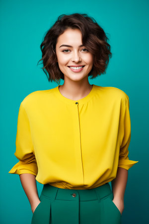 Woman with short haircut and yellow shirt. Generative AI.の素材