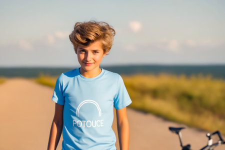 Young boy standing next to bike on road. Generative AI.の素材