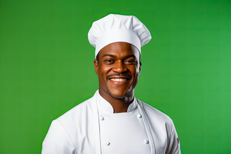 Man in chef's hat is smiling. Generative AI.の素材