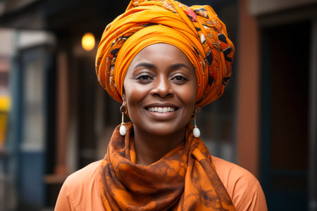 Woman wearing yellow turban smiles for the camera. Generative AI.の素材