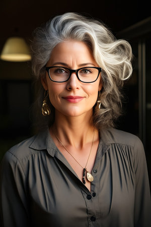 Woman with glasses and necklace on her neck. Generative AI.の素材