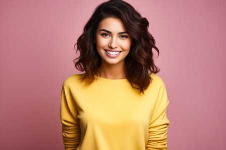 Woman with smile on her face and yellow sweater. Generative AI.の素材