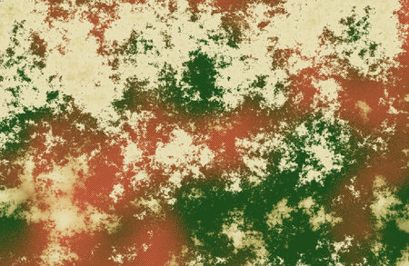 A multi-colored abstract illustration featuring green, red, and yellow grunge spots over a subtle...