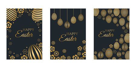 Happy Easter luxury holiday cards set with easter greeting and gold colored easter eggs. Vector illustration.のイラスト素材