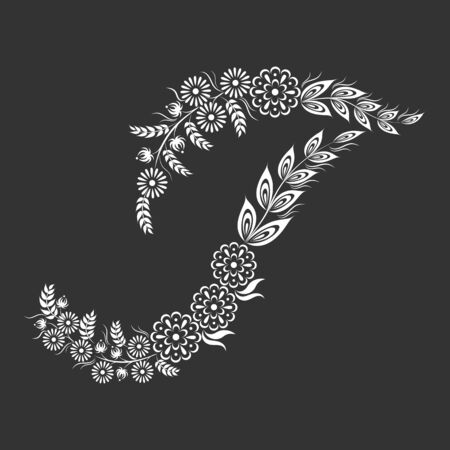 Floral uppercase white letter T monogram on black background. Vector illustration design.のイラスト素材