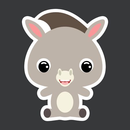 Childrens sticker of cute little sitting donkey. Domestic animal. Cartoon character for baby print design, kids wear, baby shower celebration, greeting, invitation card. Flat vector stock illustrationのイラスト素材