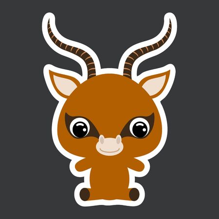 Childrens sticker of cute little sitting gazelle. African animal. Cartoon character for baby print design, kids wear, baby shower celebration, greeting, invitation card. Flat vector stock illustrationのイラスト素材