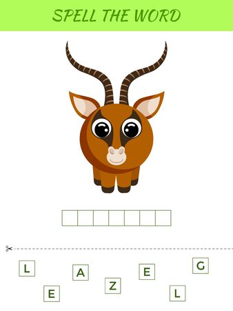 Spelling word scramble game template. Educational activity for preschool years kids and toddlers with cute gazelle. Flat vector stock illustration.のイラスト素材