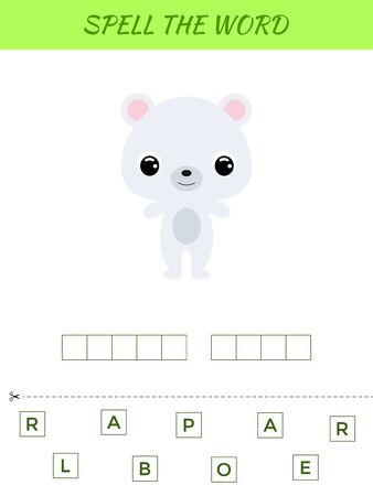 Spelling word scramble game template. Educational activity for preschool years kids and toddlers with cute polar bear. Flat vector stock illustration.のイラスト素材