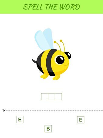 Spelling word scramble game template. Educational activity for preschool years kids and toddlers with cute bee. Flat vector stock illustration.のイラスト素材