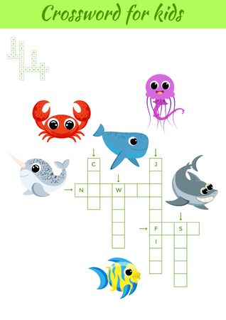 Crosswords game of animals for children with pictures. Kids activity worksheet colorful printable version. Educational game for study English words. Includes answers. Flat vector stock illustration.のイラスト素材