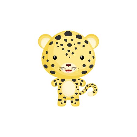 Cute funny baby jaguar or leopard isolated on white background. Jungle adorable animal character for design of album, scrapbook, card and invitation. Flat cartoon colorful vector illustration.のイラスト素材