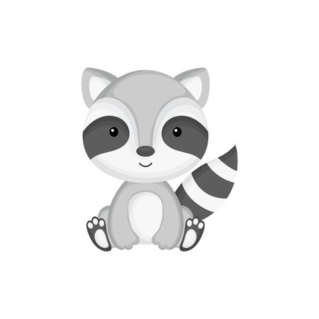 Cute funny sitting baby raccoon isolated on white background. Woodland adorable animal character for design of album, scrapbook, card and invitation. Flat cartoon colorful vector illustration.のイラスト素材