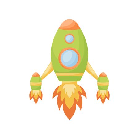 Bright cartoon green rocket with fire trace launched into space for design of album, scrapbook, card and invitation. Flat cartoon colorful vector illustration isolated on white background.のイラスト素材