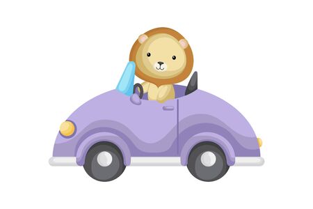 Cute lion driver on car. Graphic element for childrens book, album, scrapbook, postcard or mobile game. Flat vector illustration isolated on white background.のイラスト素材