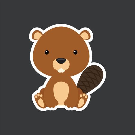 Sticker of cute baby beaver sitting. Adorable woodland animal character for design of album, scrapbook, card, poster, invitation. Flat cartoon colorful vector illustration.のイラスト素材