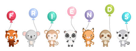 Group of cute animals. Cartoon animals stand and hold balloons in their hands. World animals day. Happy friendship day. Set of characters isolated on white background. Vector stock illustration.のイラスト素材