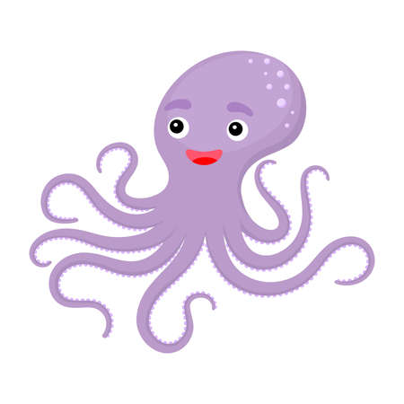 Cute funny violet octopus print on white background. Ocean cartoon animal character for design of album, scrapbook, greeting card, invitation, wall decor. Flat colorful vector stock illustration.のイラスト素材
