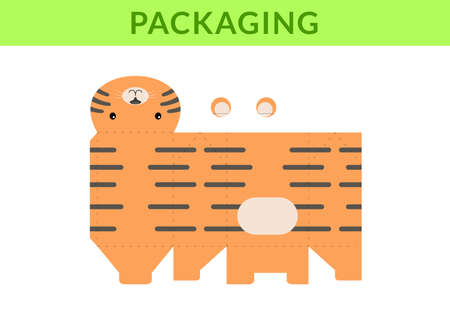 Adorable DIY party favor box for birthdays, baby showers with cute tiger for sweets, candies, small presents, bakery. Retail box blueprint template. Print, cutout, fold, glue Vector stock illustrationのイラスト素材