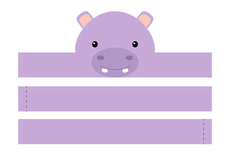 Printable hippo paper hat. Party crown die cut template for birthday, christmas, baby shower. Fun accessory for entertainment. Paper crown mock up isolated on white background. Print, cut and glue.のイラスト素材
