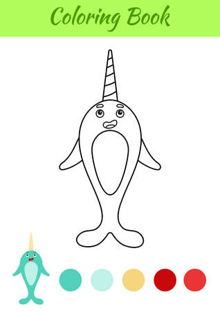 Coloring page happy narwhal. Coloring book for kids. Educational activity for preschool years kids and toddlers with cute animal. Flat cartoon colorful vector illustration.のイラスト素材