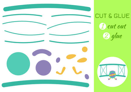 Cut and glue paper plane. Color paper cutting application game. Educational game for preschool children. DIY activity worksheet. Kids art game and activities jigsaw. Vector stock illustration.のイラスト素材