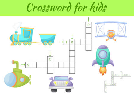 Crosswords game of transports for children with pictures. Kids activity worksheet colorful printable version. Educational game for study English words. Includes answers. Flat vector stock illustration.のイラスト素材