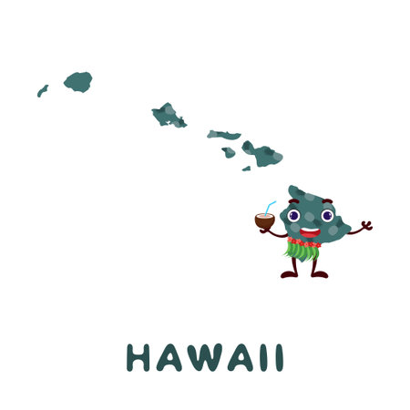 Cute cartoon Hawaii state character clipart. Illustrated map of state of Hawaii of USA with state name. Funny character design for kids game, sticker, cards, poster. Vector stock illustration.のイラスト素材