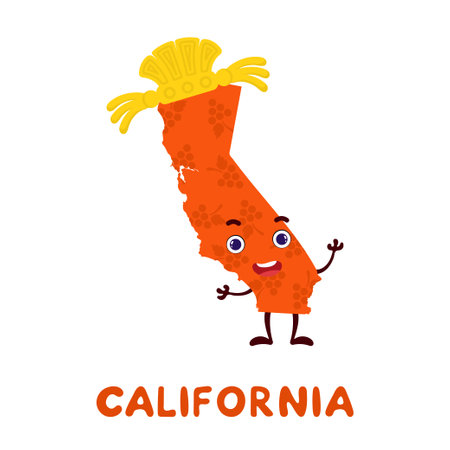 Cute cartoon California state character clipart. Illustrated map of state of California of USA with state name. Funny character design for kids game, sticker, cards, poster. Vector stock illustration.のイラスト素材